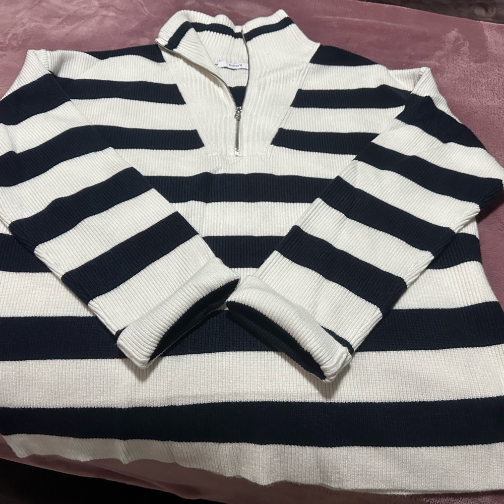 Womans Navy and White Striped Half-Zip Sweater NWOT
